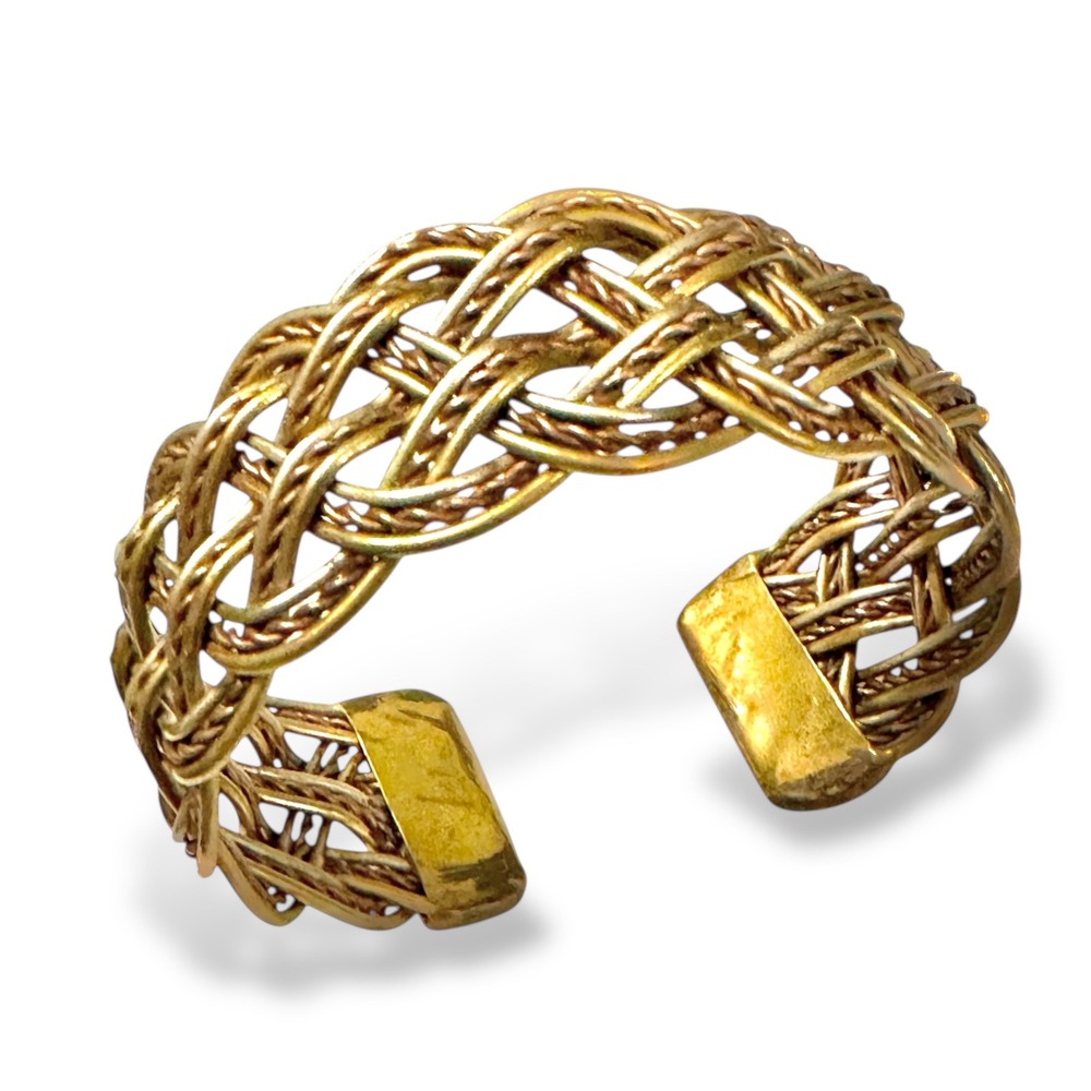 Vintage Brass Copper‎ Braided Cuff Bracelet 1.125" Wide Two-Tone Basketweave 70s
